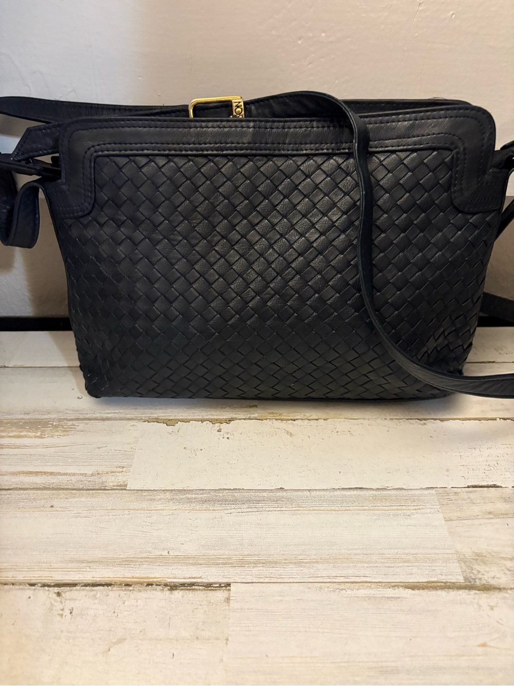 Ganson Vintage 1980’s Woven Leather Crossbody Bag - Black